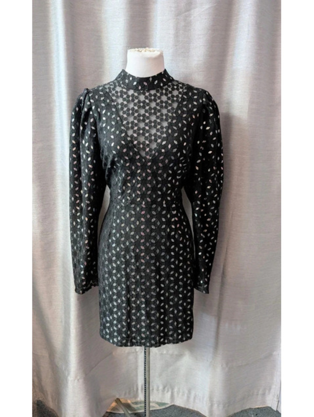 Black Silver Lace 80s Style Dress L